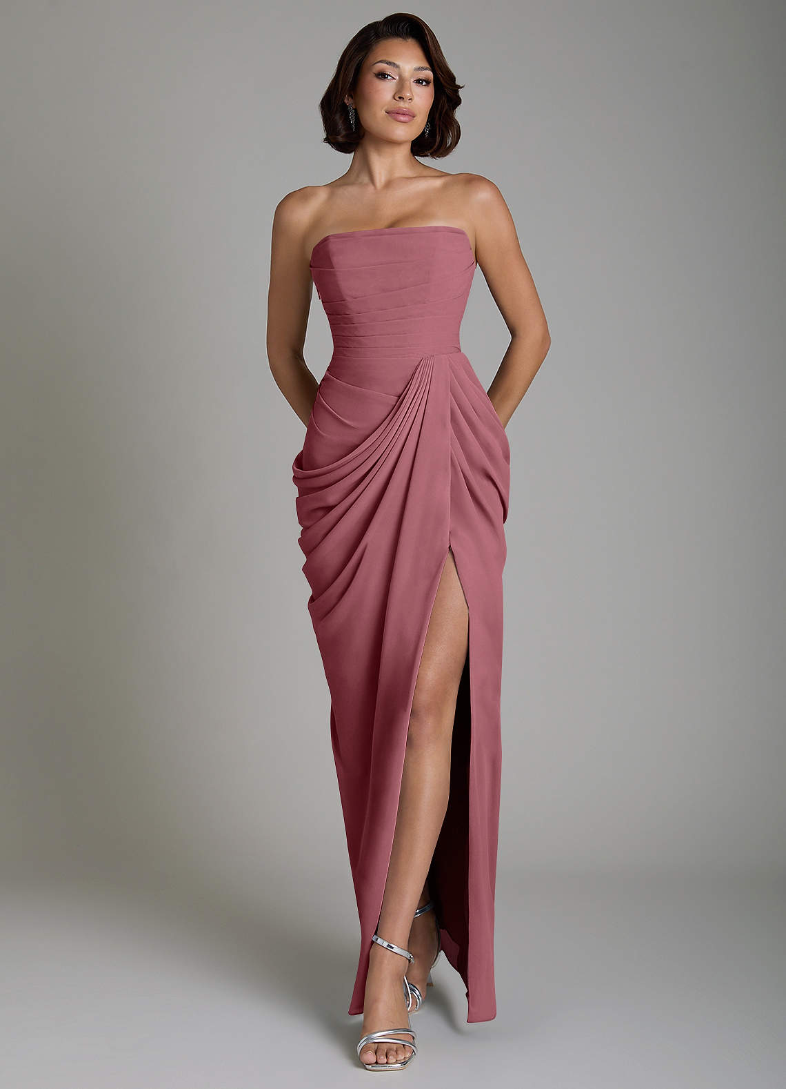 Nyra Sheath Strapless Chiffon Bridesmaid Dress in Desert Rose