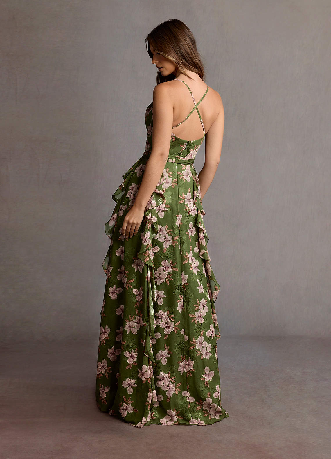 Megan A-Line V-Neck Printed Fil Coupé Wedding Guest Dress in Green Floral
