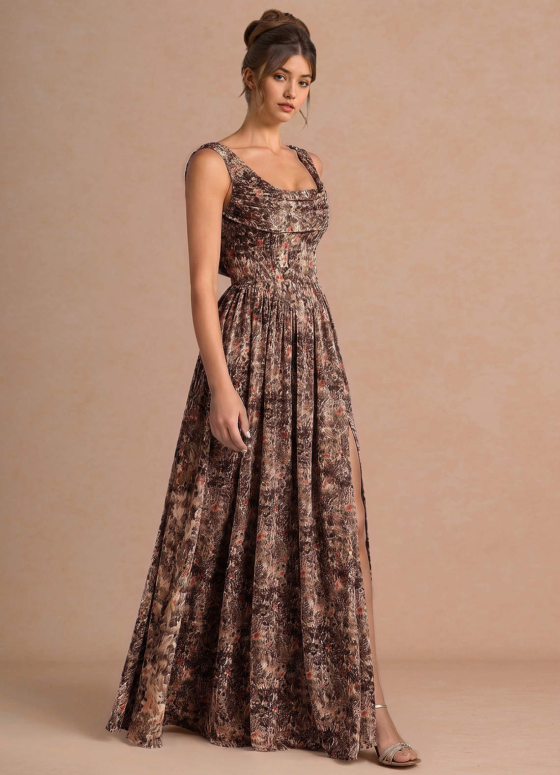 Aurore A-Line Cowl-Neck Chiffon Wedding Guest Dress in Truffle