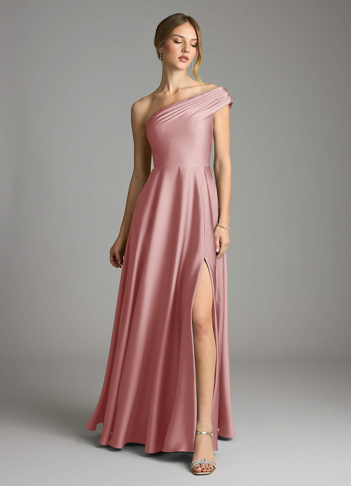 Melanie A-Line One-Shoulder Stretch Satin Bridesmaid Dress in dusty rose