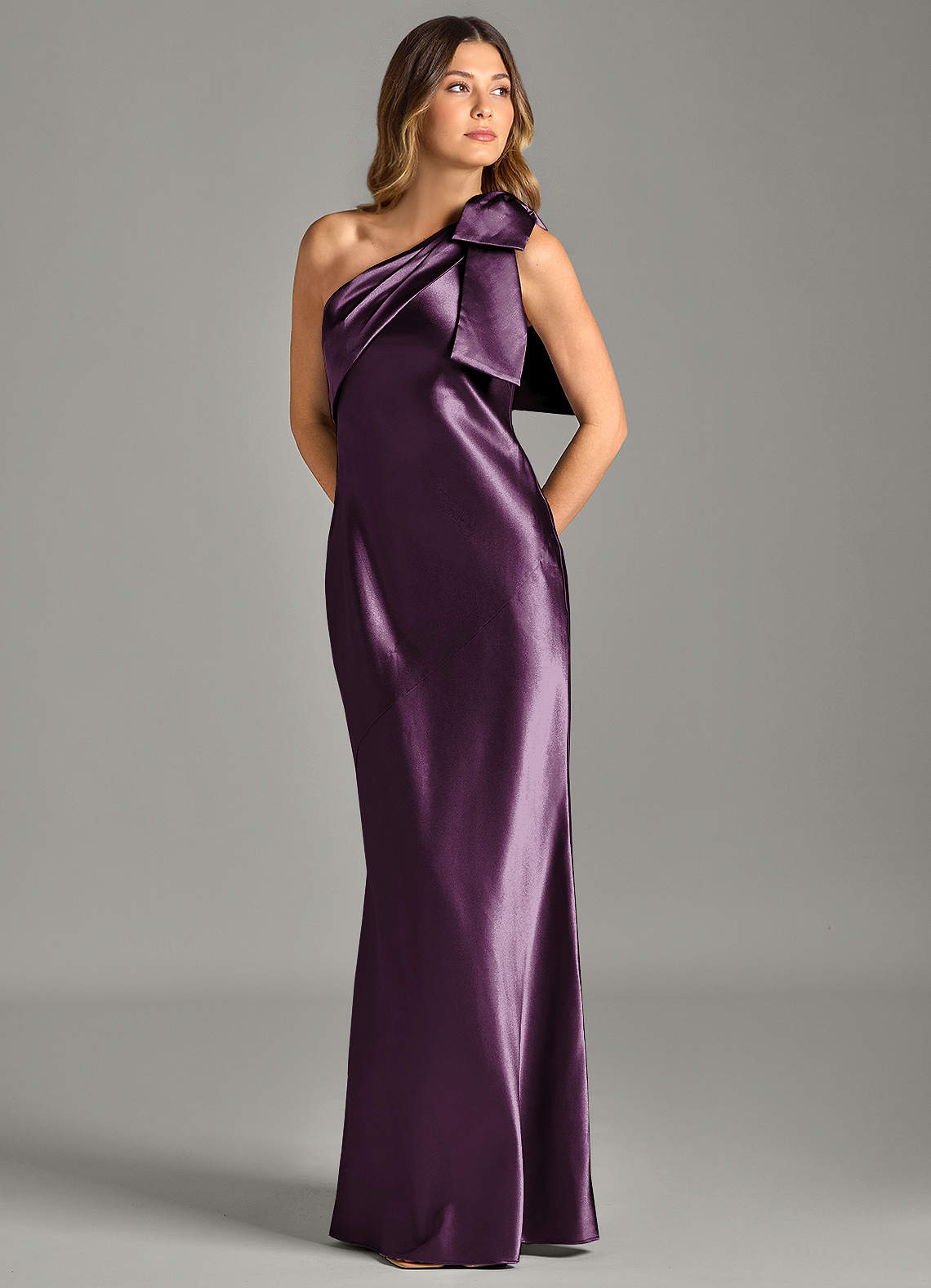 Yuanna Mermaid One-Shoulder Metallic Satin Bridesmaid Dress in Plum