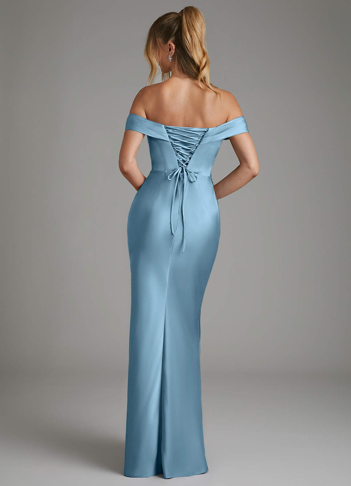 Hayden Mermaid Off-the-Shoulder Stretch Satin Bridesmaid Dress in Steel Blue