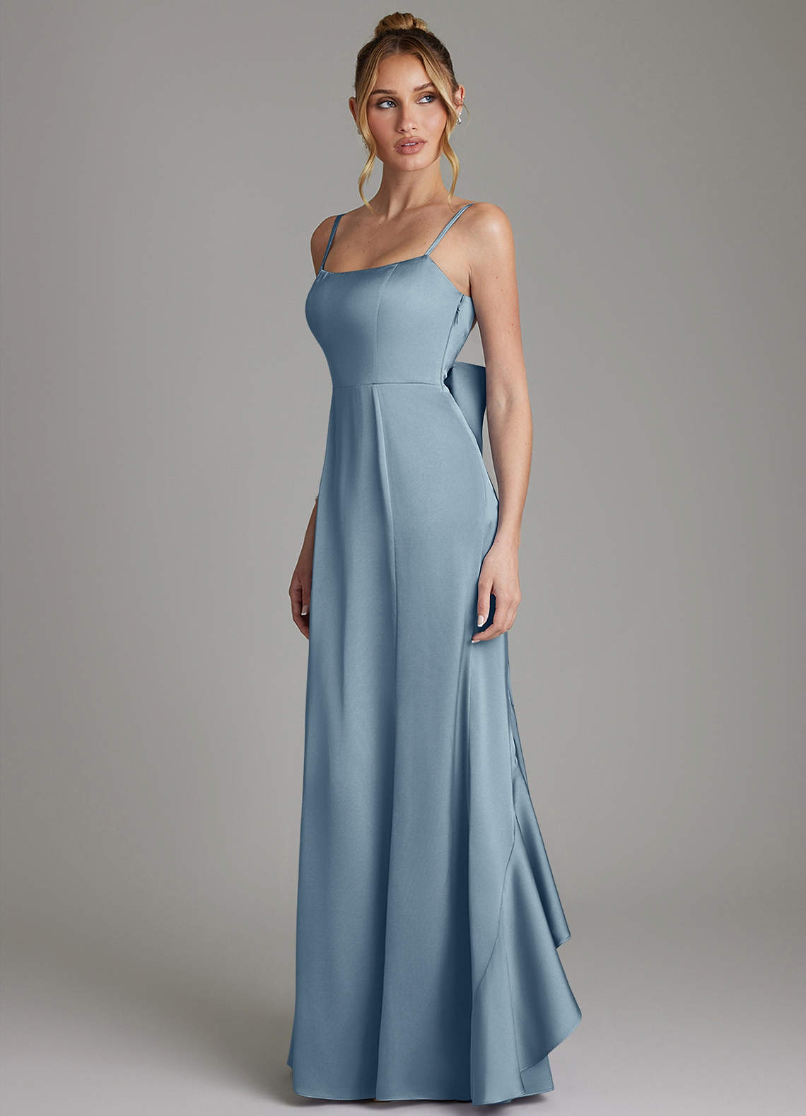 Zherra Mermaid Scoop-Neck Stretch Satin Bridesmaid Dress in dusty blue
