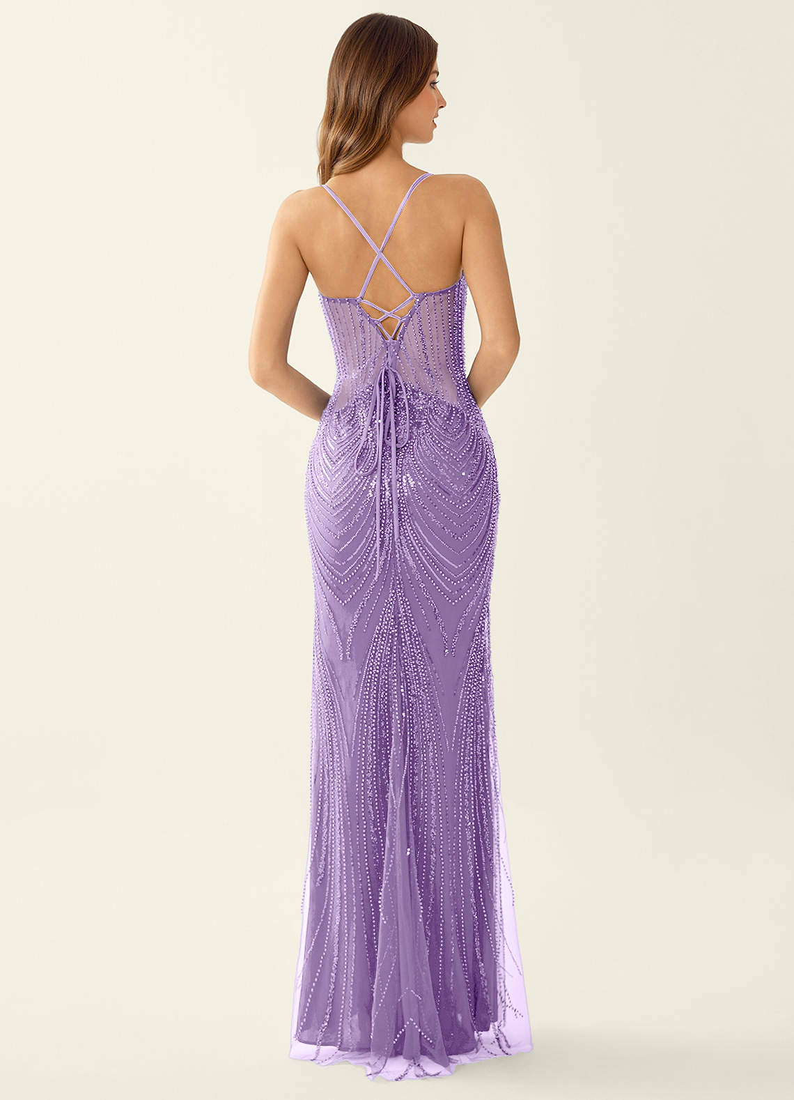 Magnolia Mermaid Beaded Sequined Stretch Mesh Evening Dress in Lilac