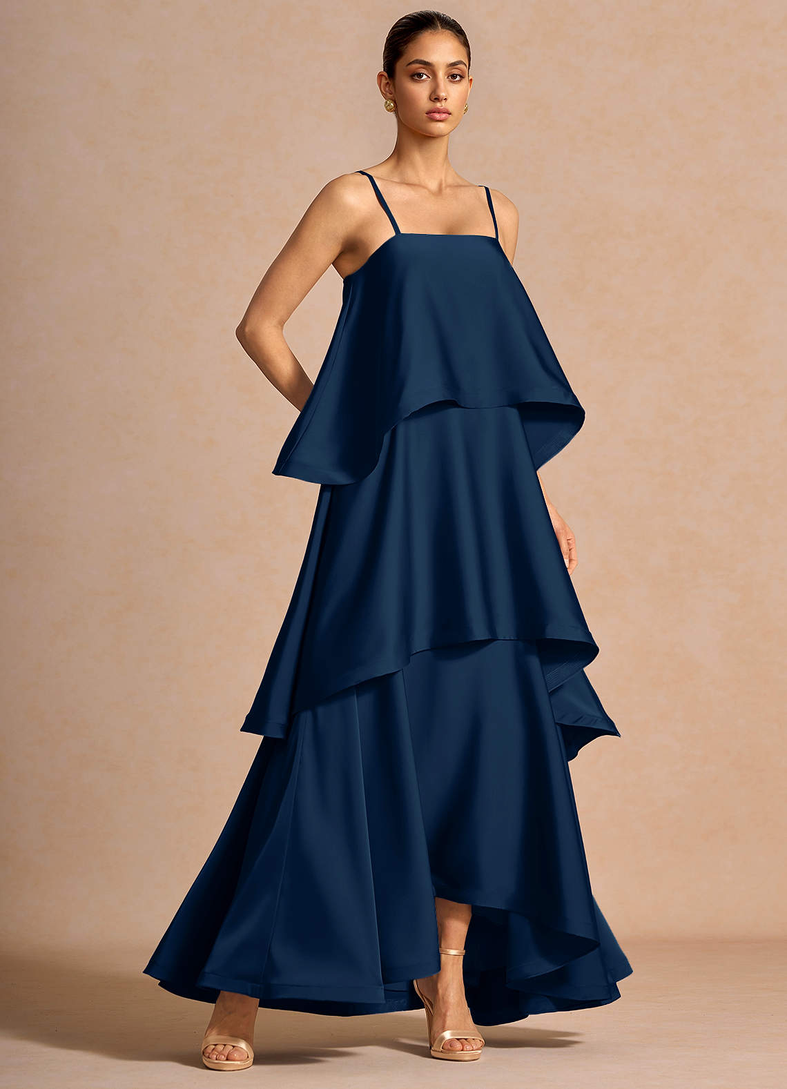 Itasca A-Line Tiered Stretch Satin Wedding Guest Dress in Navy