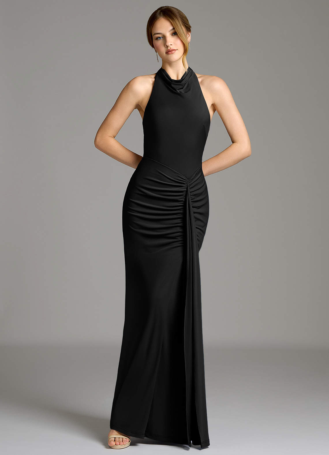 Raevynn Mermaid Halter Stretch Jersey Bridesmaid Dress in black