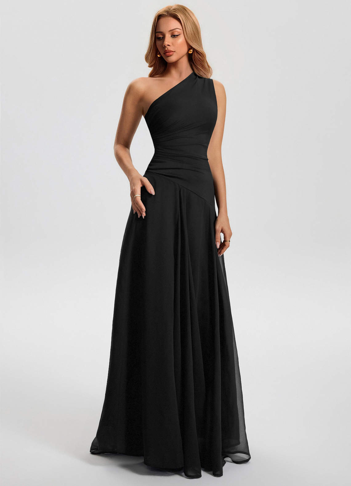 Sylvaine A-Line One-Shoulder Chiffon Wedding Guest Dress in black