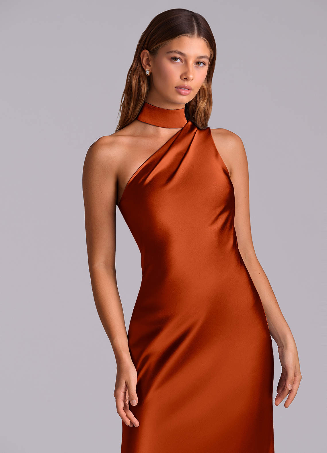 Seona Mermaid One-Shoulder Stretch Satin and Tulle Bridesmaid Dress in Paprika