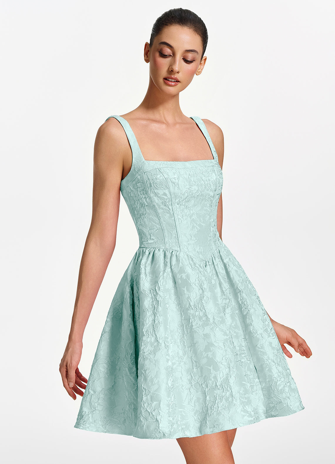 Lionelle Skater Mini Square-Neck Jacquard Prom Dress in Mint Green - photo 3