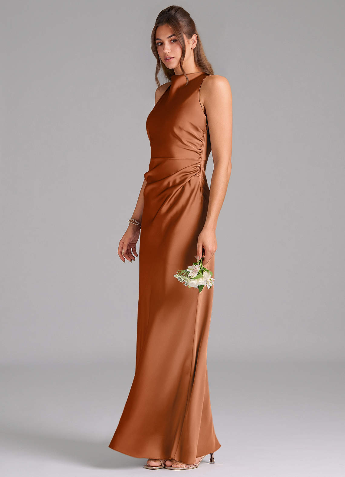 Evadne Sheath Scoop-Neck Stretch Satin Bridesmaid Dress in Copper