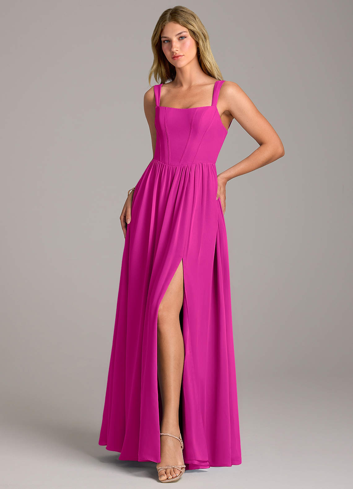 Rosaline A-Line Square-Neck Chiffon Bridesmaid Dress in Fuchsia