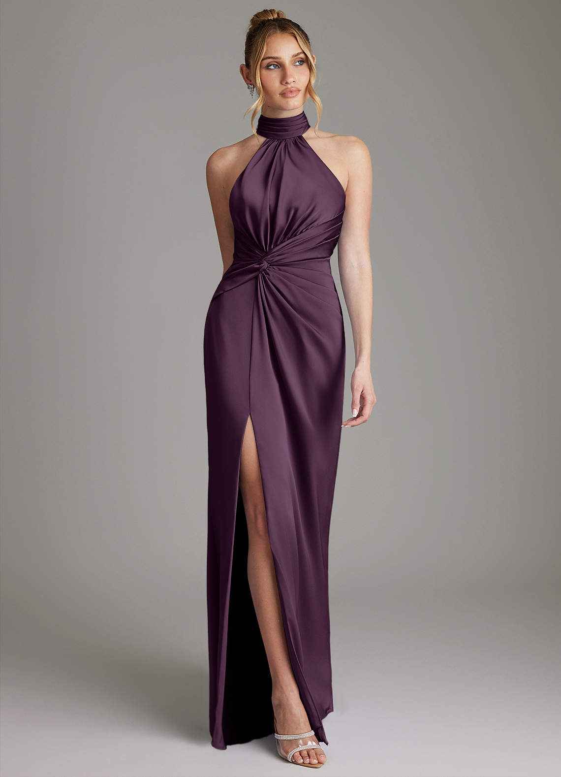 Gracelynn Sheath Halter Stretch Satin Bridesmaid Dress in Plum