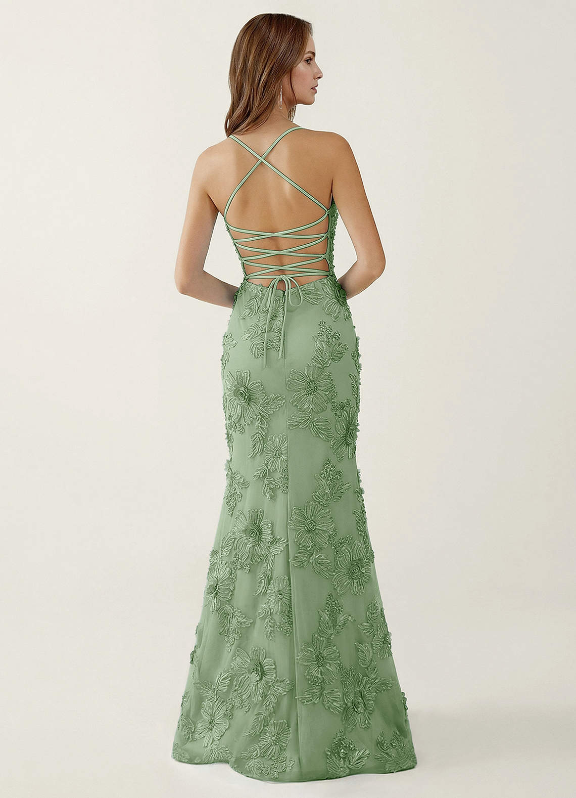 Bellatrix Mermaid Spaghetti-Strap Stretch Lace Evening Dress in Sage