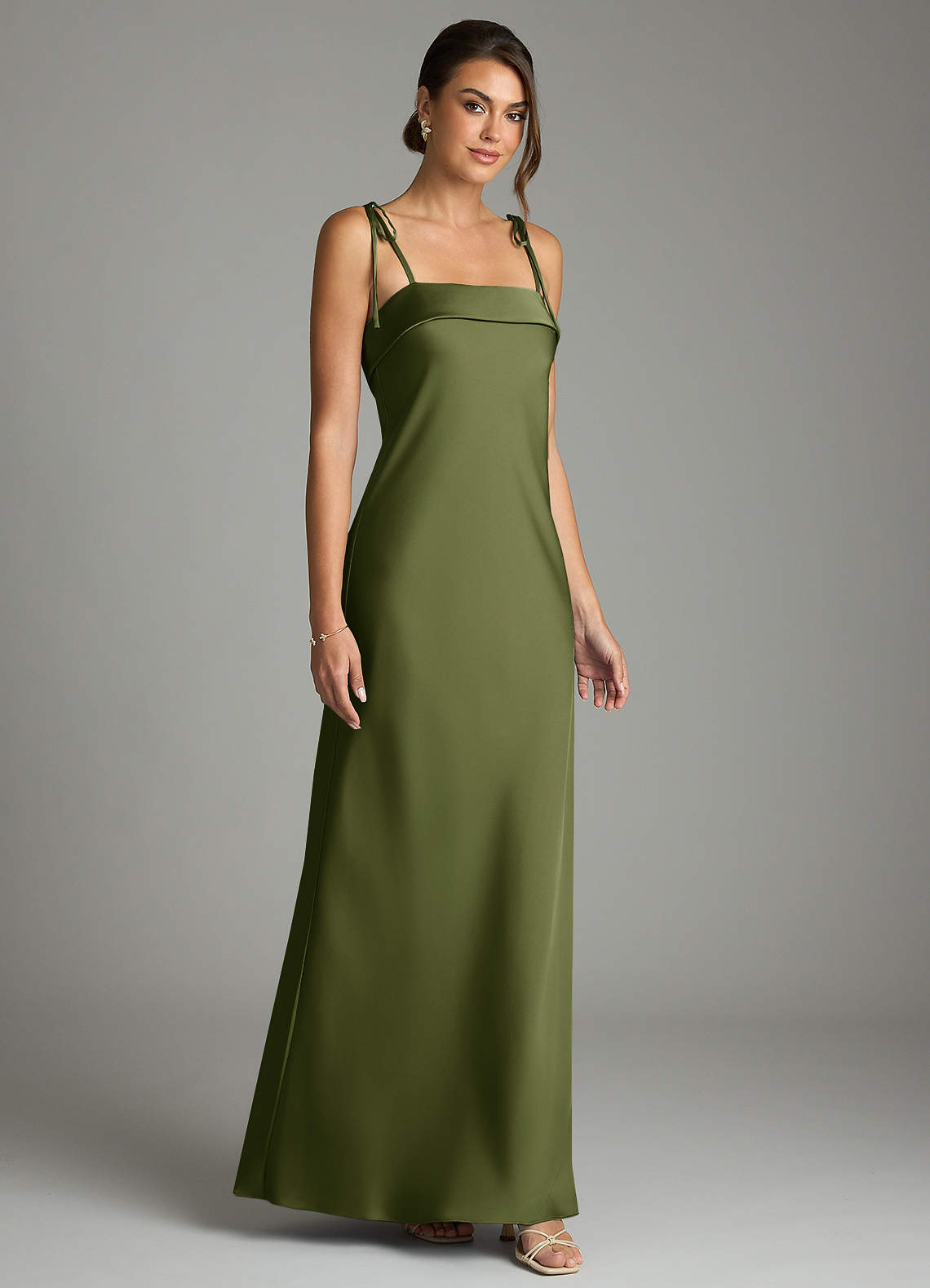 Ellia Sheath Straight-Neck Stretch Satin Bridesmaid Dress in Olive