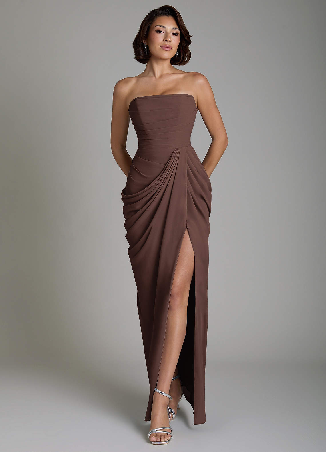 Nyra Sheath Strapless Chiffon Bridesmaid Dress in Ganache