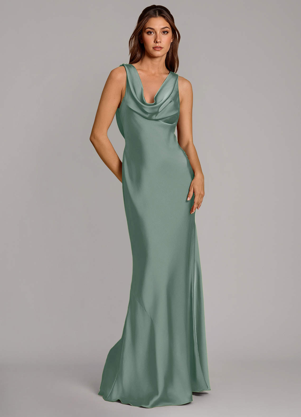 Cheryl Mermaid Cowl-Neck Stretch Satin Bridesmaid Dress in Silver Sage