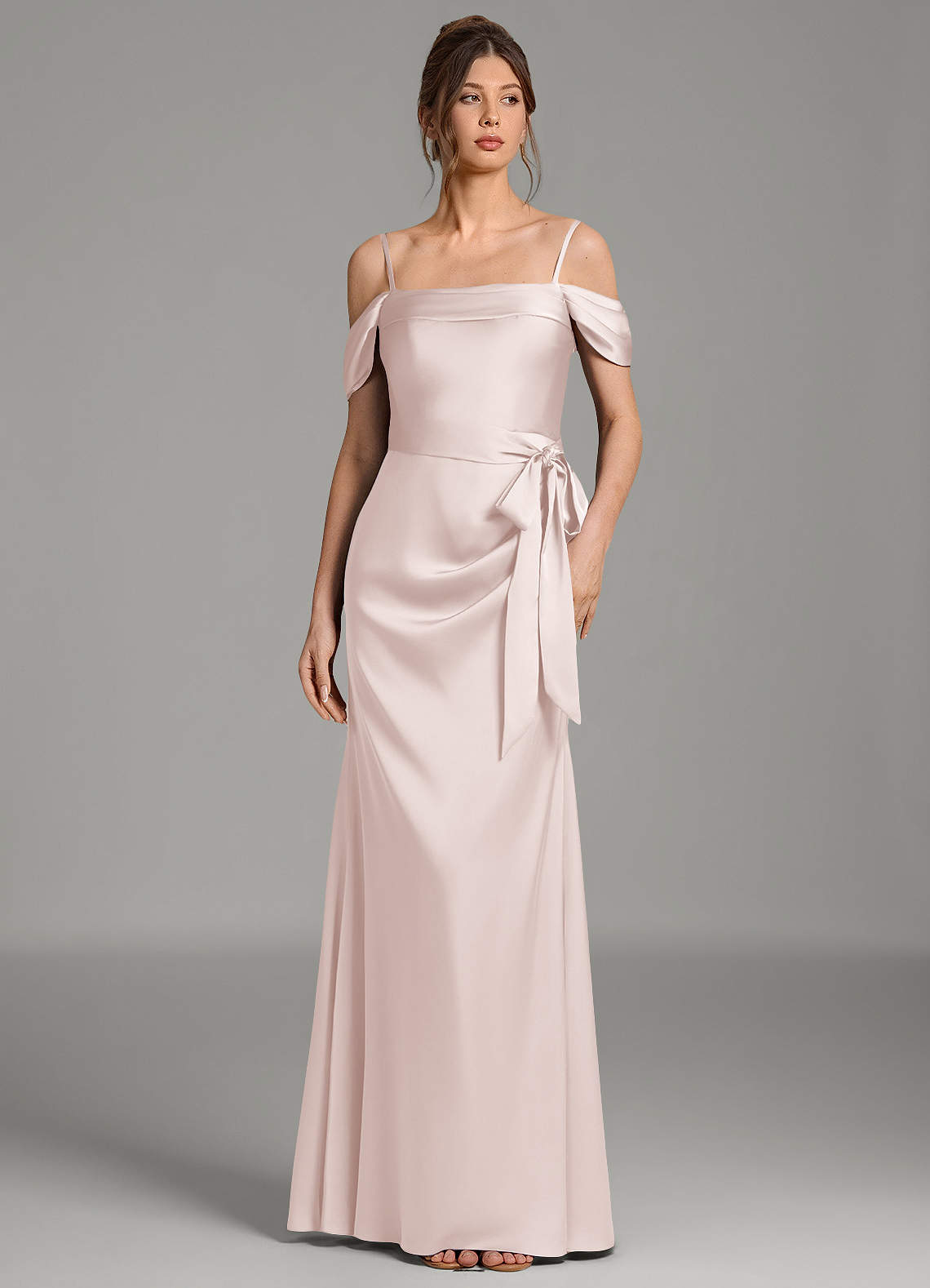 Wyatt Mermaid Off-the-Shoulder Stretch Satin Bridesmaid Dress in Blushing Pink