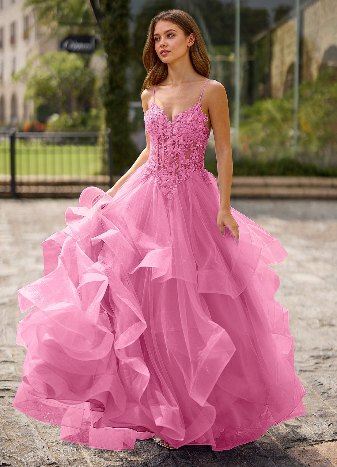 Spitze Ball Gown Sweetheart Lace Tulle Evening Dress in candy pink