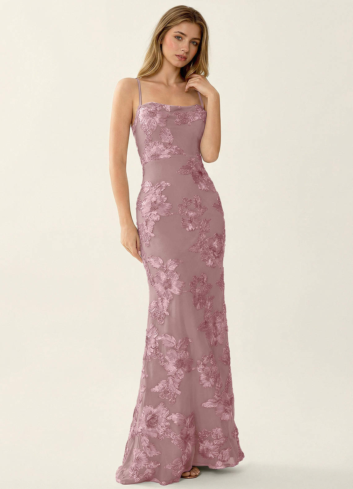 Kailani Mermaid Spaghetti-Strap Lace Evening Dress in Dusty Lilac