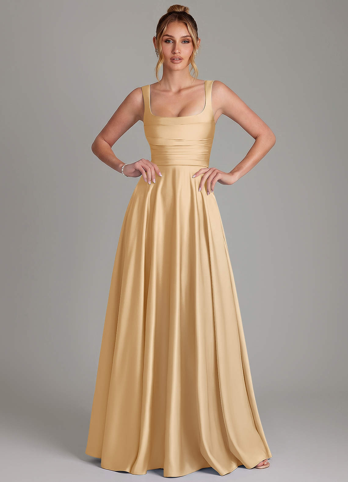Azaria A-Line Square-Neck Stretch Satin Bridesmaid Dress in Gold