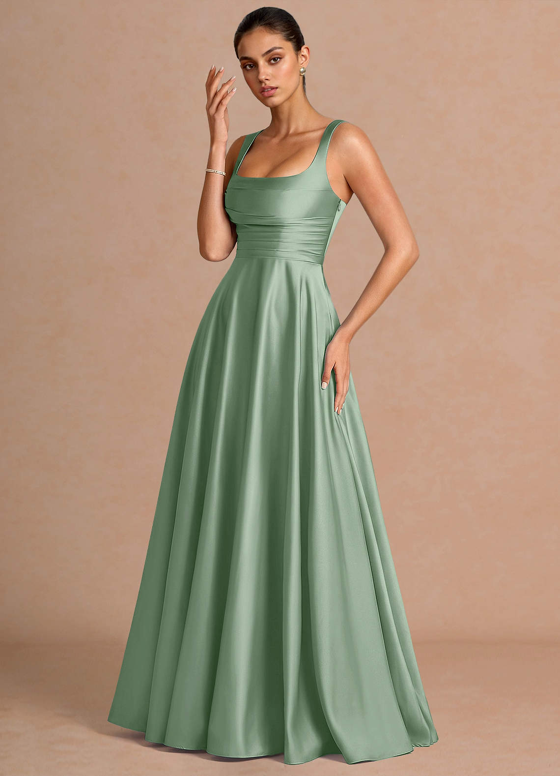 Azaria A-Line Square-Neck Stretch Satin Wedding Guest Dress in Aloe Green