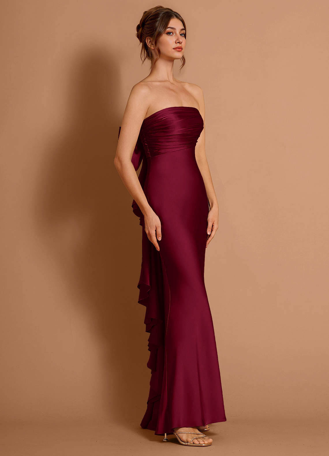 Aveline Mermaid Strapless Stretch Satin Evening Dress in Merlot