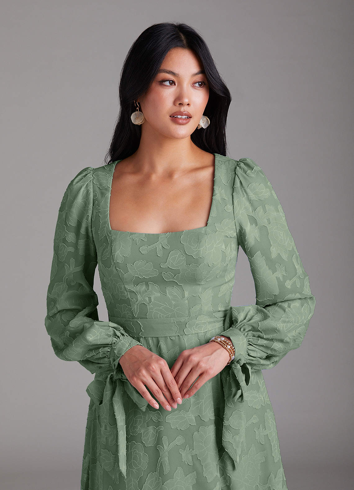 Leonia A-Line Square-Neck Stretch Satin Bridesmaid Dress in Matcha