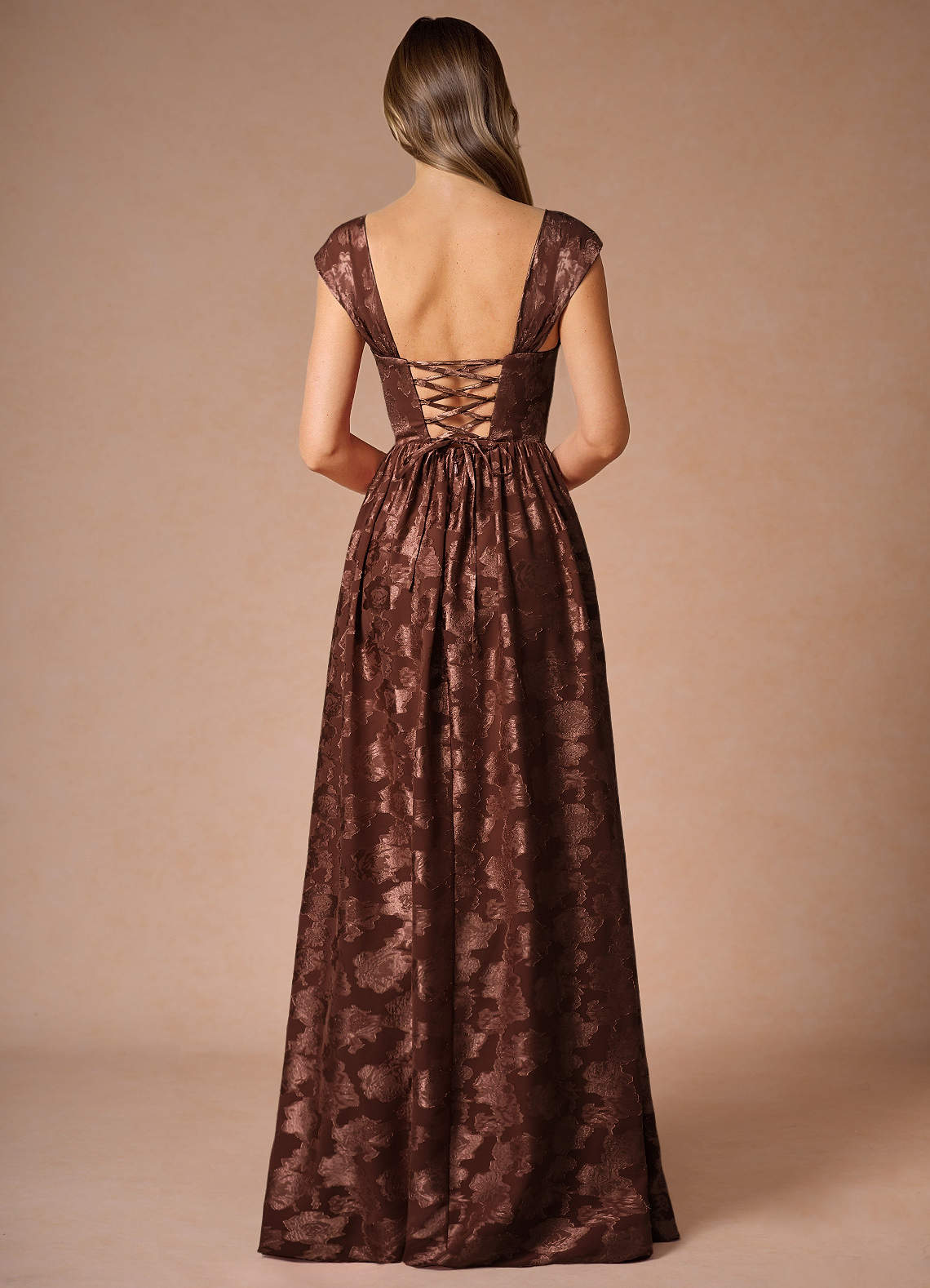 Hazel A-Line Cowl-Neck Fil Coupé Wedding Guest Dress in Mocha Coco