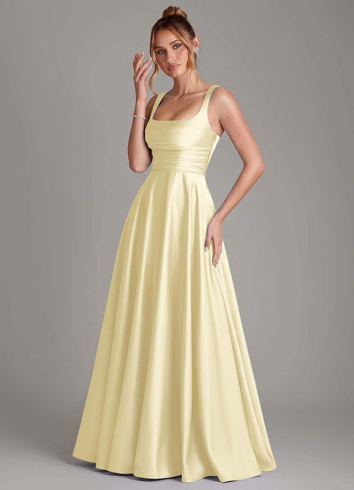 Azaria A-Line Square-Neck Stretch Satin Bridesmaid Dress in Lemon Sorbet