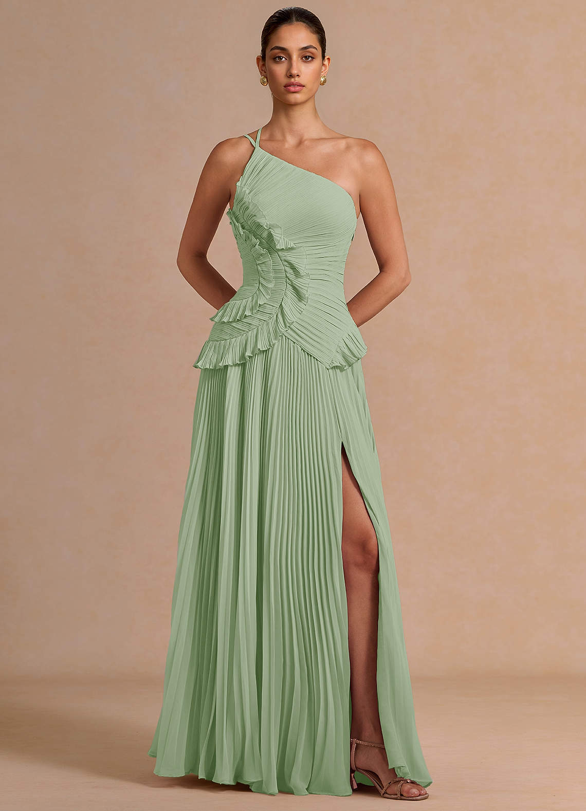 Melody A-Line One-Shoulder Chiffon Evening Dress in Light Green