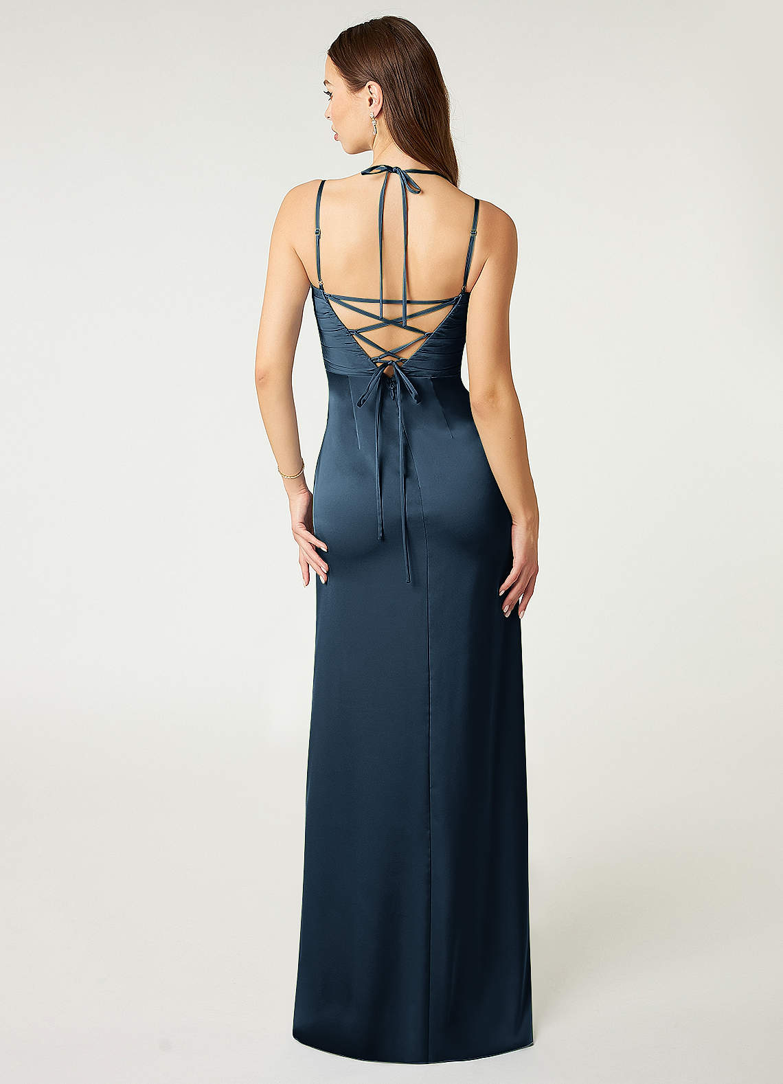 Desi Sheath Halter Stretch Satin Bridesmaid Dress in Dark Navy