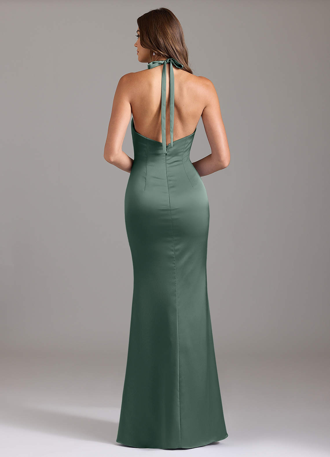 Valerie Mermaid V-Neck Stretch Satin Bridesmaid Dress in Sea Moss