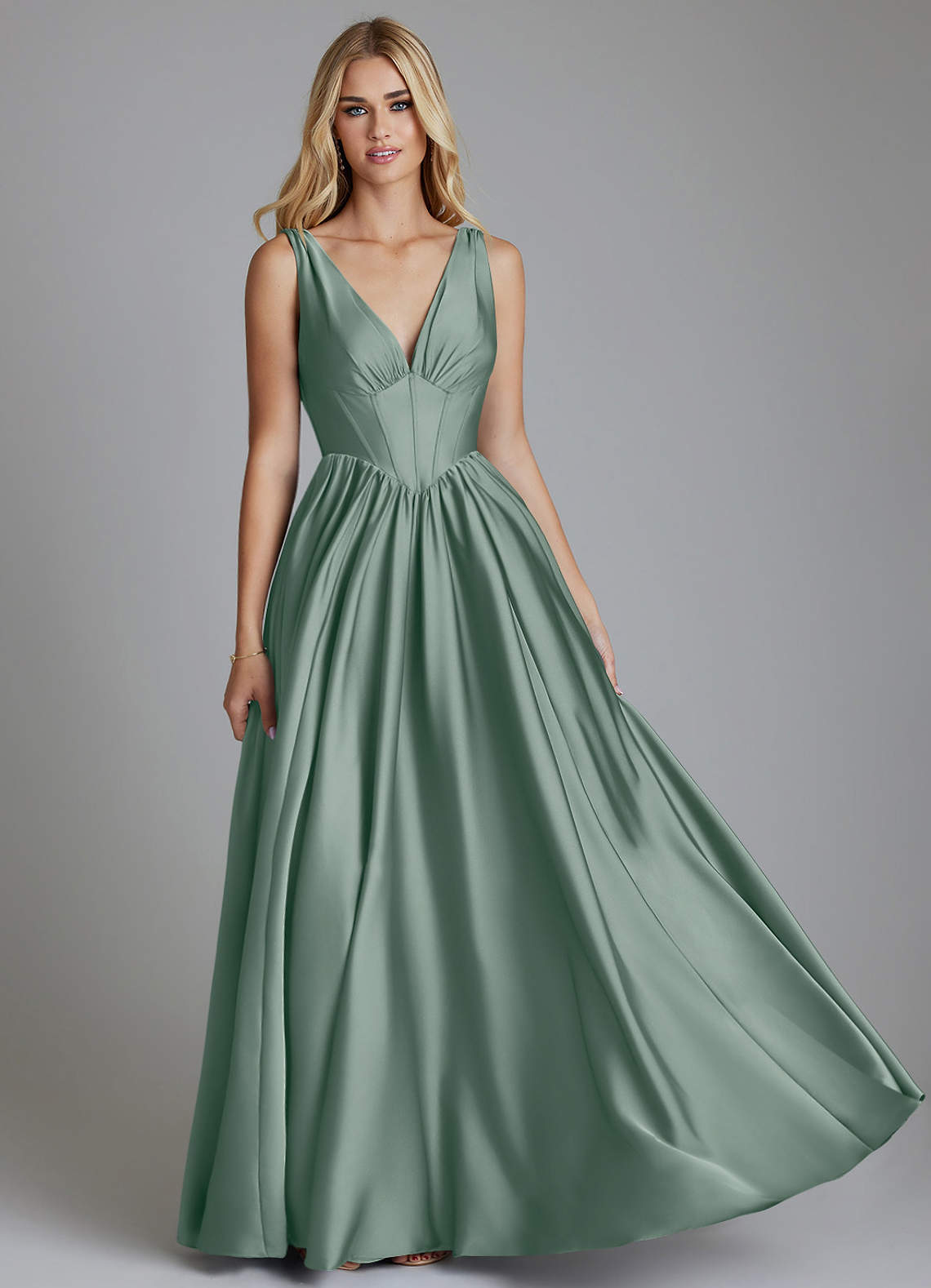 Delmie A-Line V-Neck Stretch Satin Bridesmaid Dress in Silver Sage