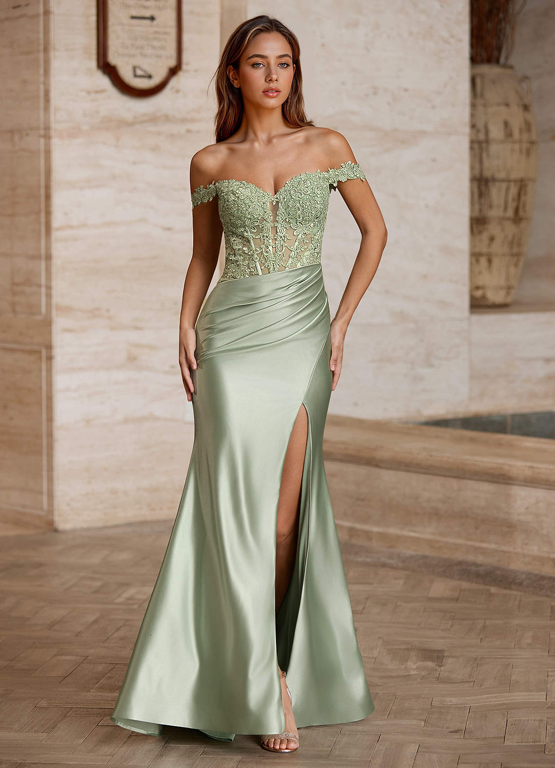 Wrentino Mermaid Off-the-Shoulder Stretch Satin Evening Dress in Light Green