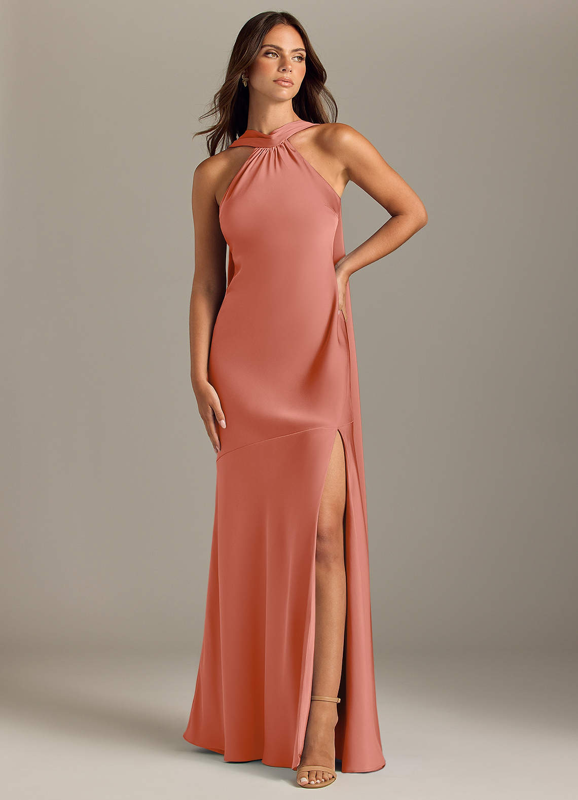 Kinsley Mermaid Halter Stretch Satin Bridesmaid Dress in Salmon Pink