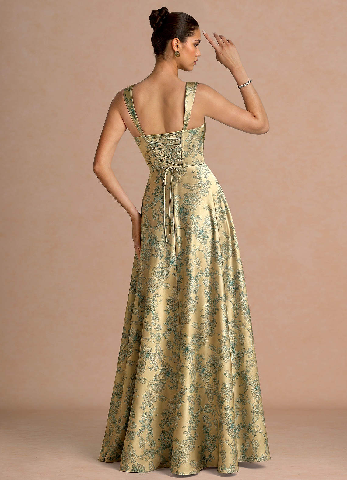 Azaria A-Line Square-Neck Jacquard Evening Dress in Green Brown