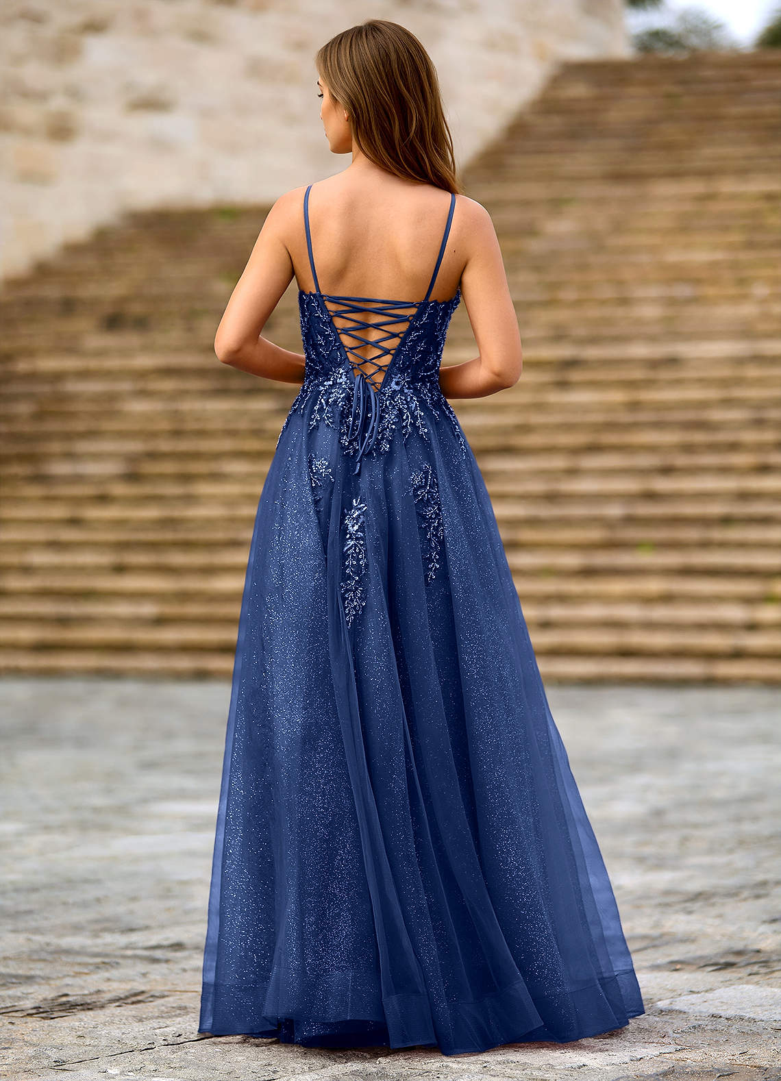 Milliener A-Line V-Neck Tulle Evening Dress in Navy