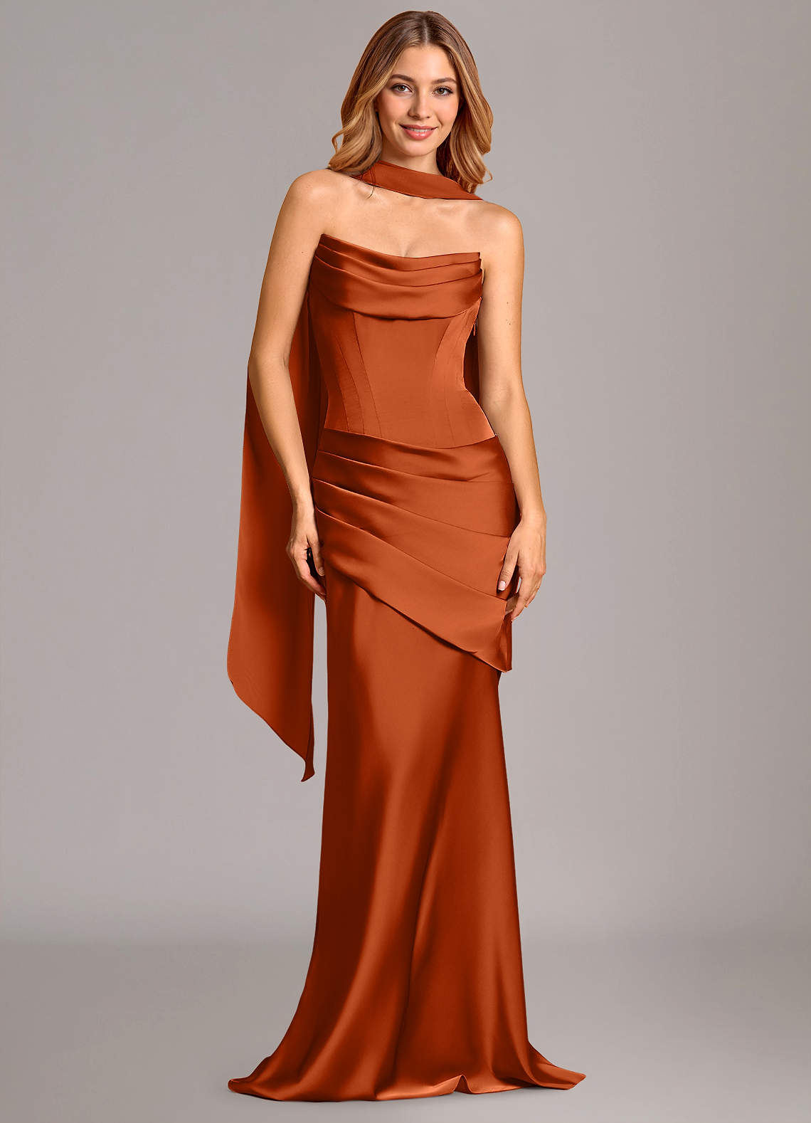 Pelagia Mermaid Cowl-Neck Stretch Satin Bridesmaid Dress in Burnt Orange