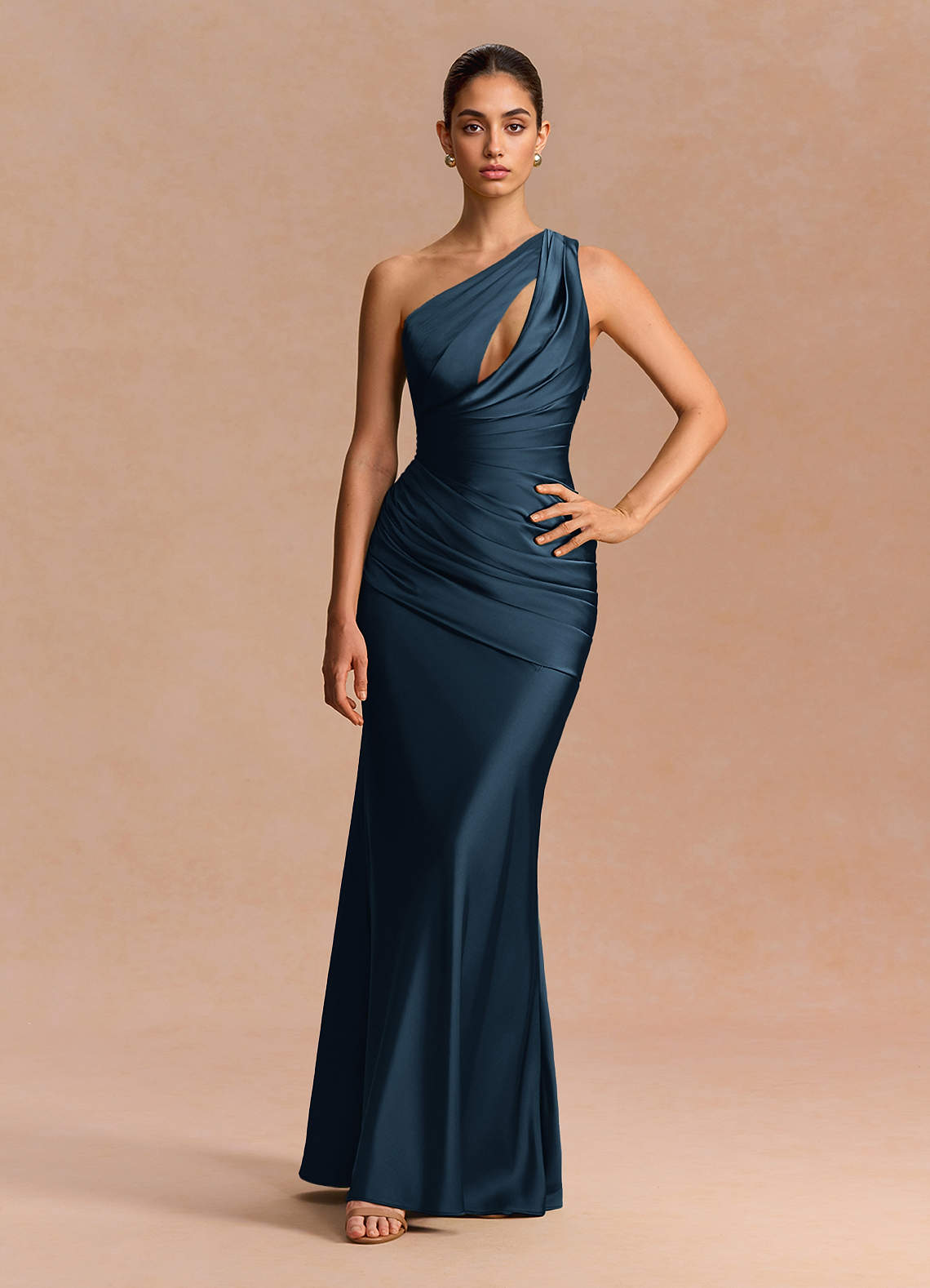 Guinevere One-Shoulder Cutout Stretch Satin Evening Dress in Navy