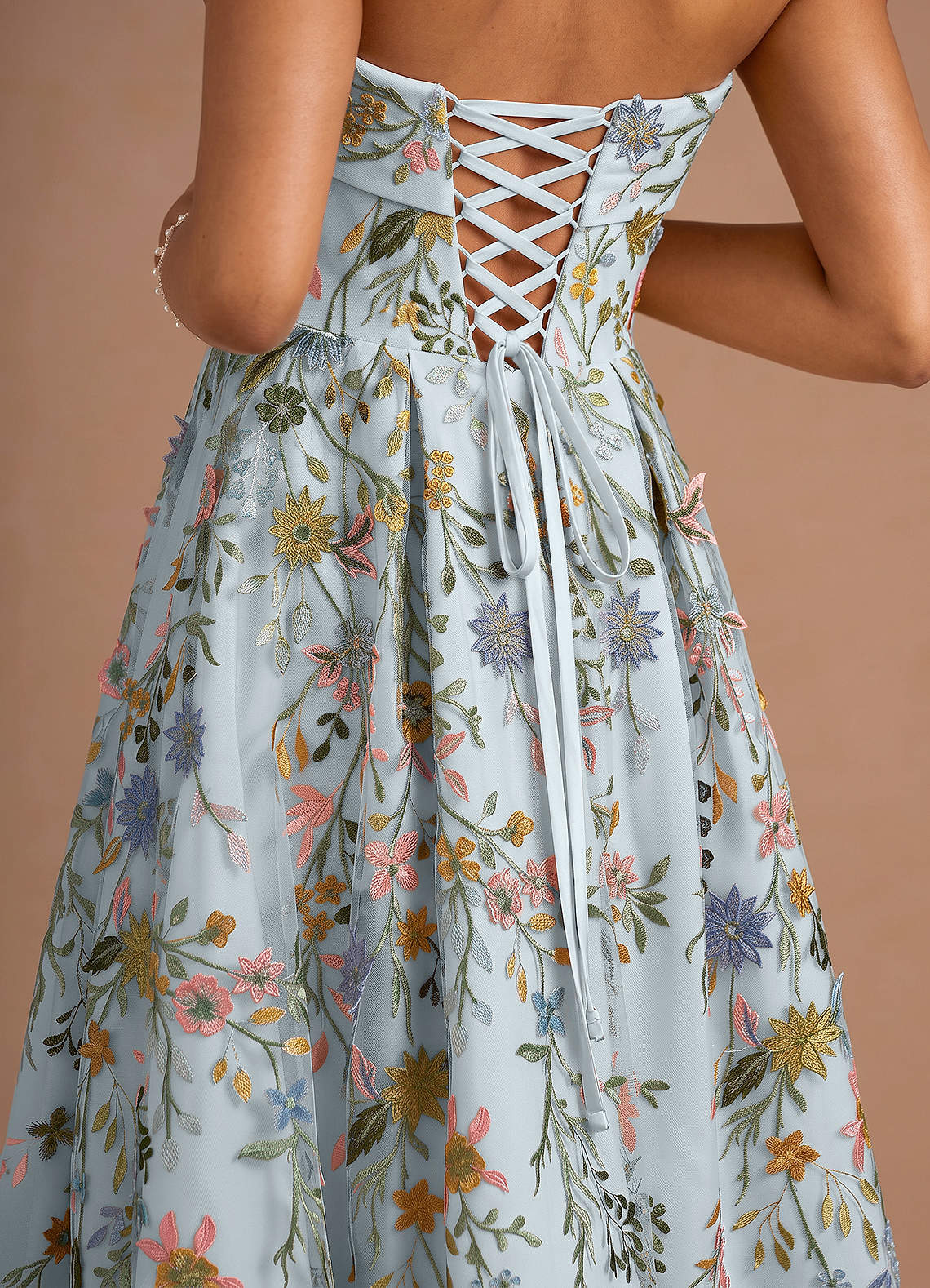 Evangeline Strapless Corset Floral Lace Evening Dress in Sky Blue
