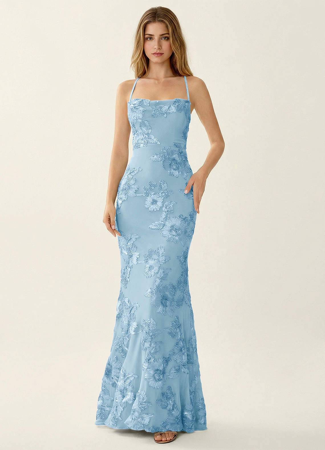 Kailani Mermaid Spaghetti-Strap Lace Evening Dress in Pale Purple