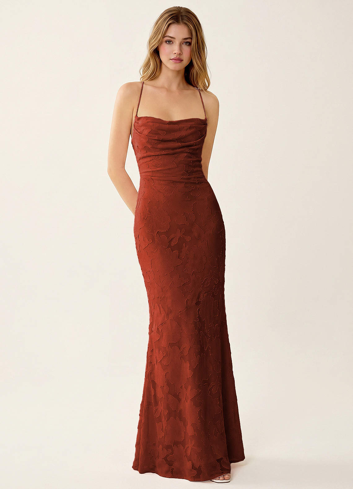 Natasha Mermaid Spaghetti-Strap Floral Burnout Evening Dress in Burnt Umber