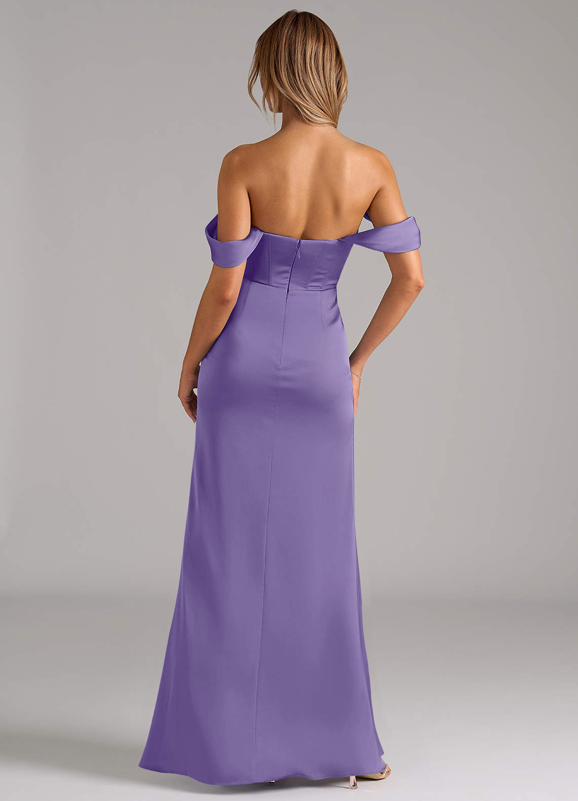 Johana Mermaid Off-the-Shoulder Stretch Satin Bridesmaid Dress in Tahiti