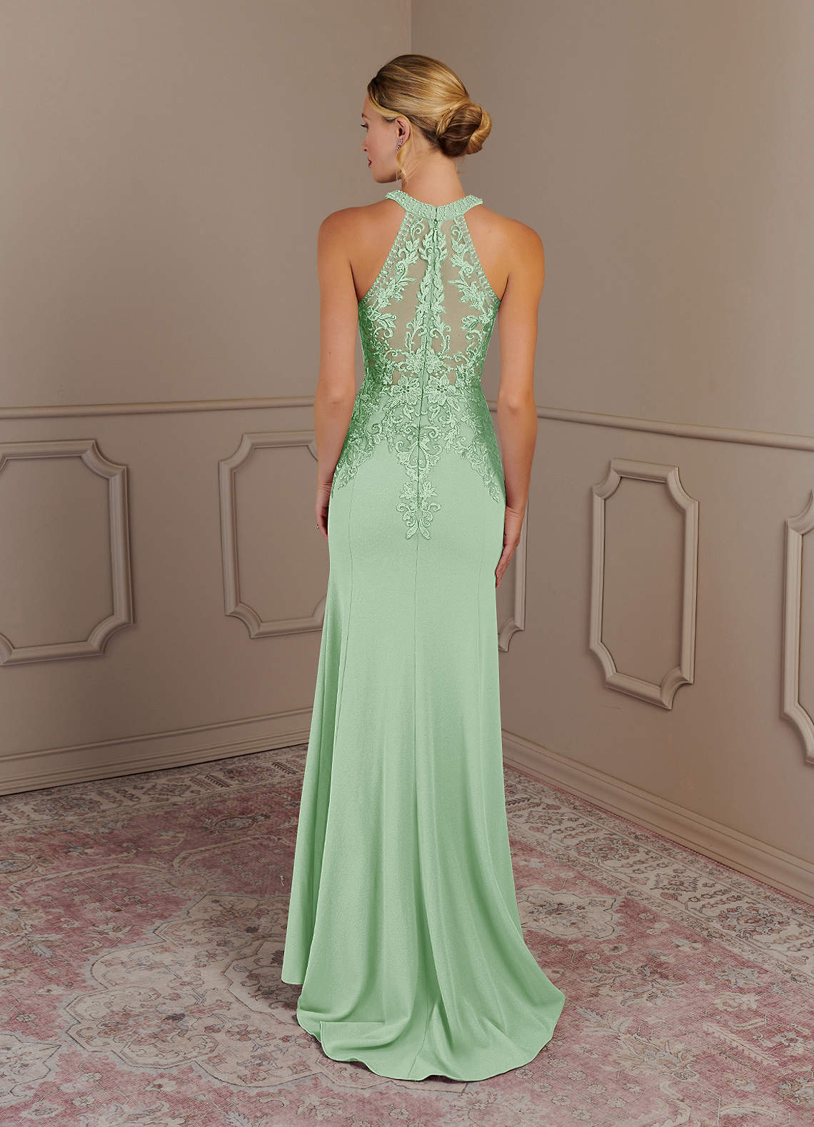Tyra Mermaid Halter Tulle and Stretch Crepe Mother of the Bride Dress in Dusty Sage