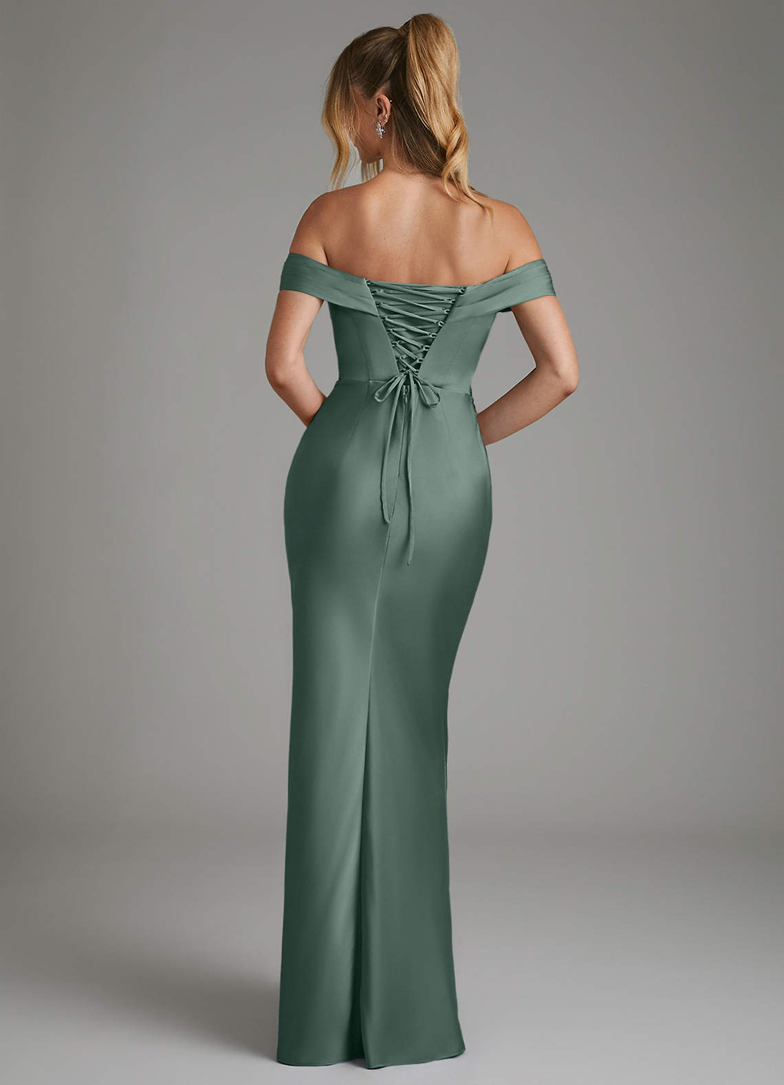 Hayden Mermaid Off-the-Shoulder Stretch Satin Bridesmaid Dress in Sea Moss