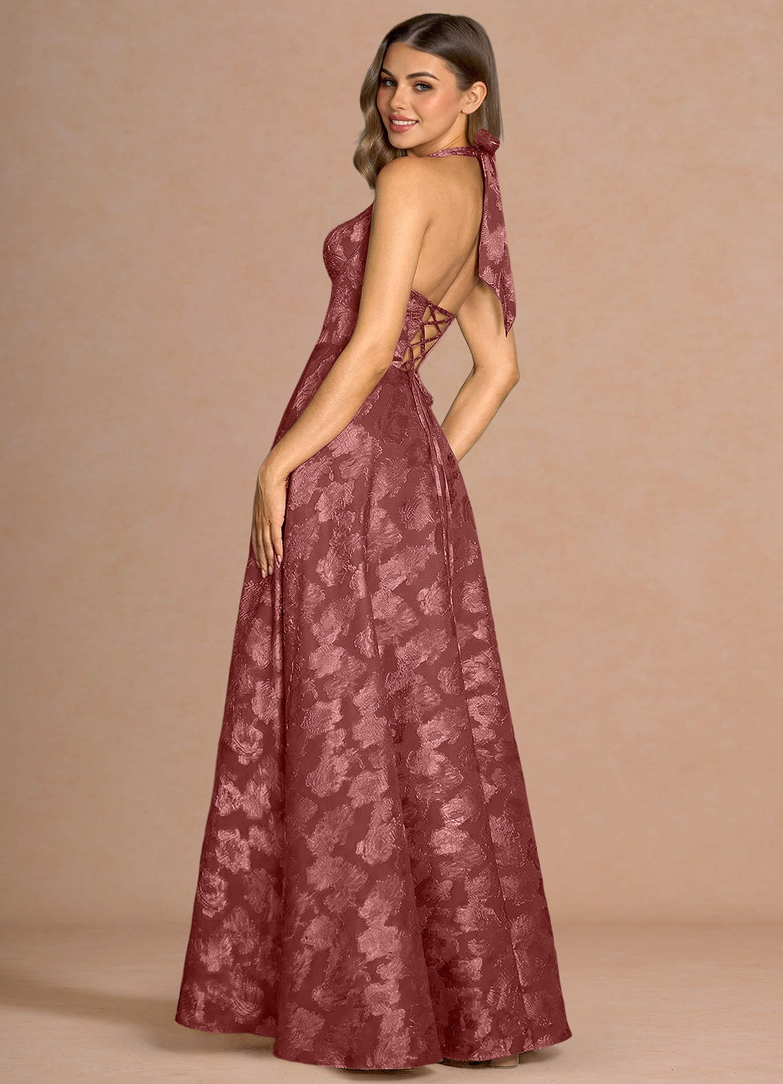 Isabeau A-Line V-Neck Fil Coupé Evening Dress in Vintage Rose