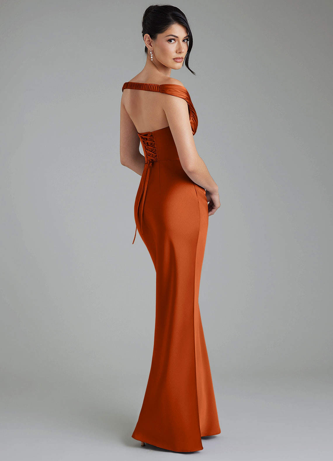 Stella Sheath V-Neck Stretch Satin Bridesmaid Dress in Burnt Orange