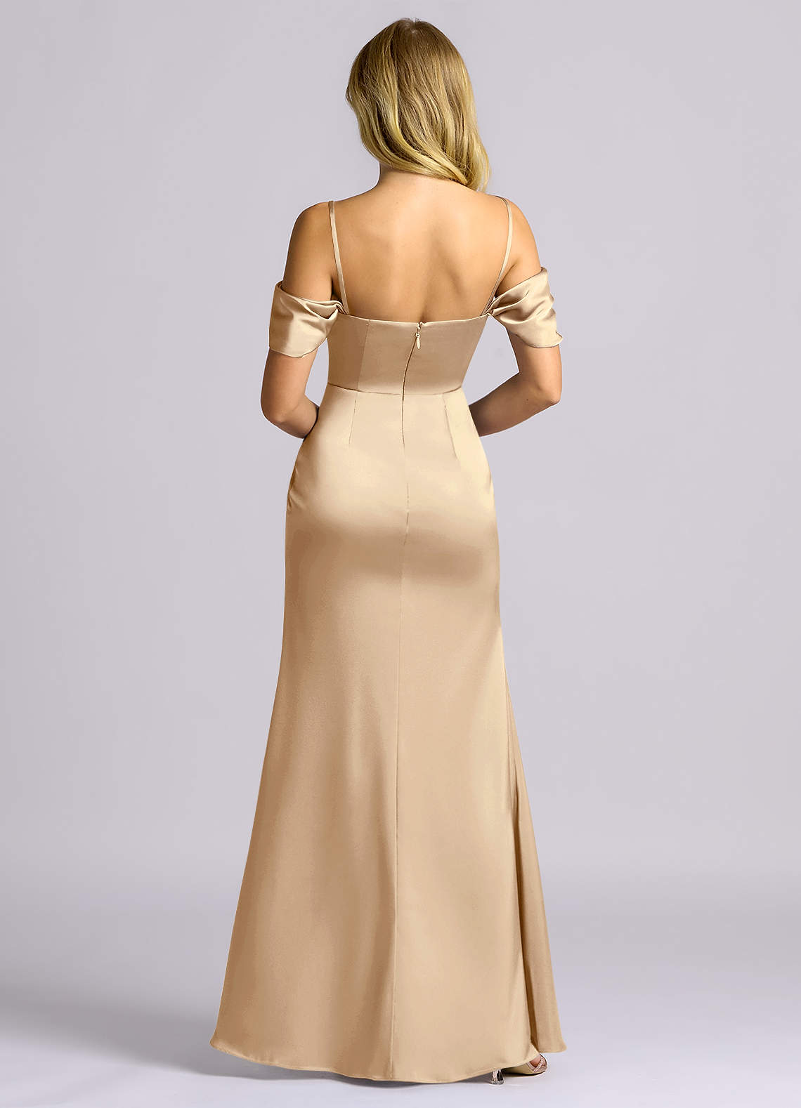 Auden Sheath Off-the-Shoulder Stretch Satin Bridesmaid Dress in Champagne