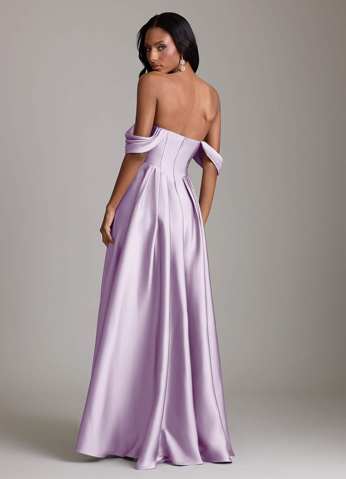 Loisa A-Line Off-the-Shoulder Stretch Satin Bridesmaid Dress in Frosted Lilac