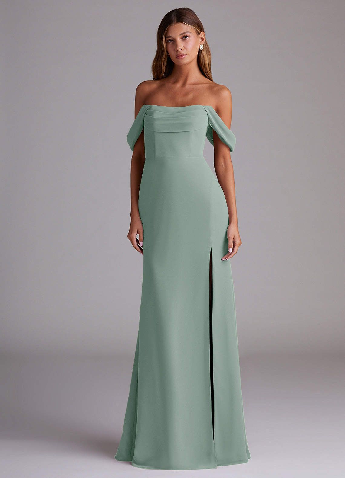 Saige A-Line Off-the-Shoulder Chiffon Bridesmaid Dress in Silver Sage